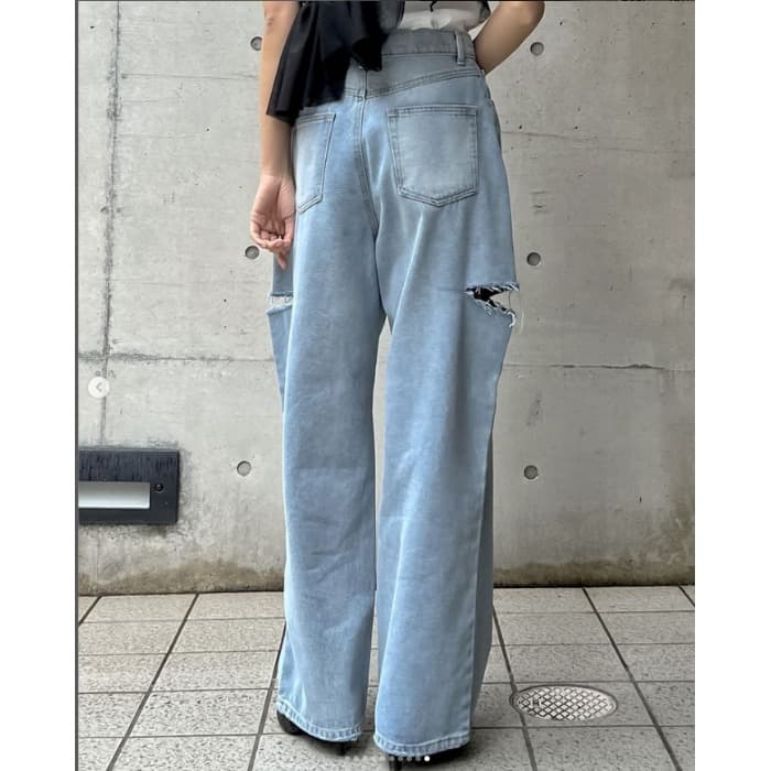 モード系ファッション ルーズフィット プチプラダメージデニムパンツ