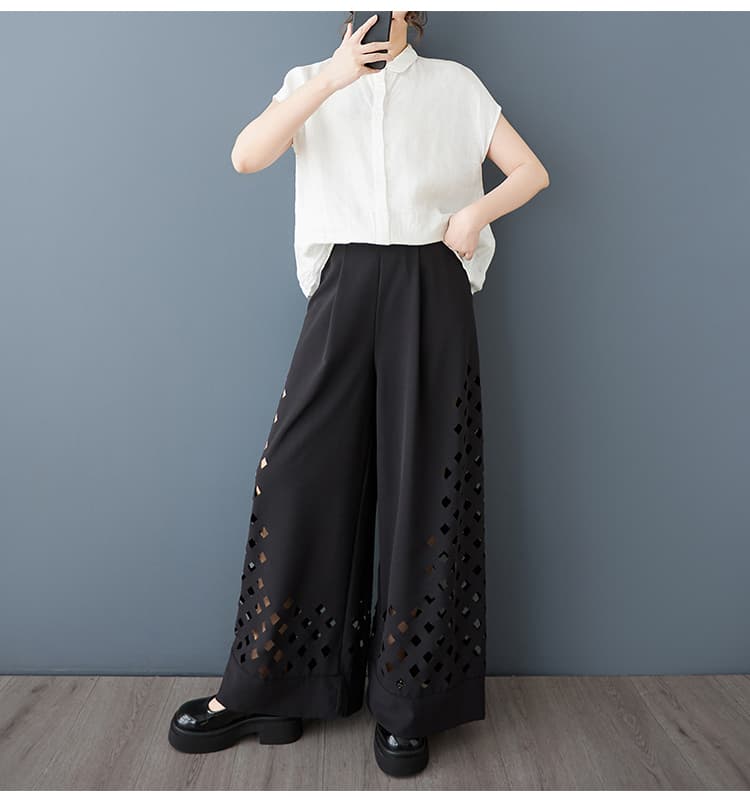 モード系 涼しげ透けパンチングワイドパンツ|体型カバー&通気性抜群のモード黒/グレー