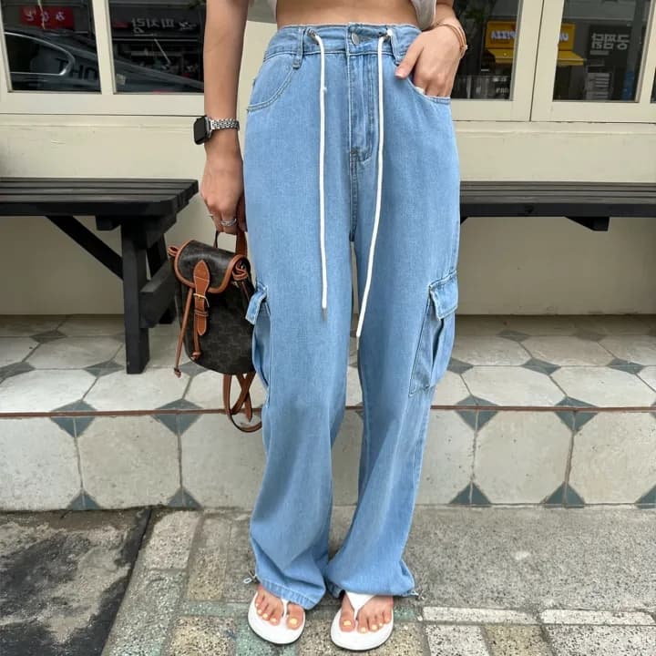 モード系ファッションドローストリングワイドデニムカーゴパンツ
