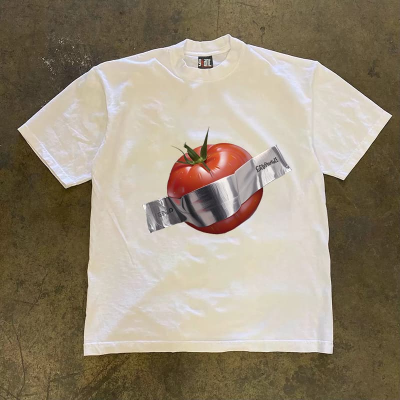 モード系 ユニセックス|アートトマトプリントTシャツ|ダクトテープ風グラフィック×綿100%|ブラック/ホワイト展開