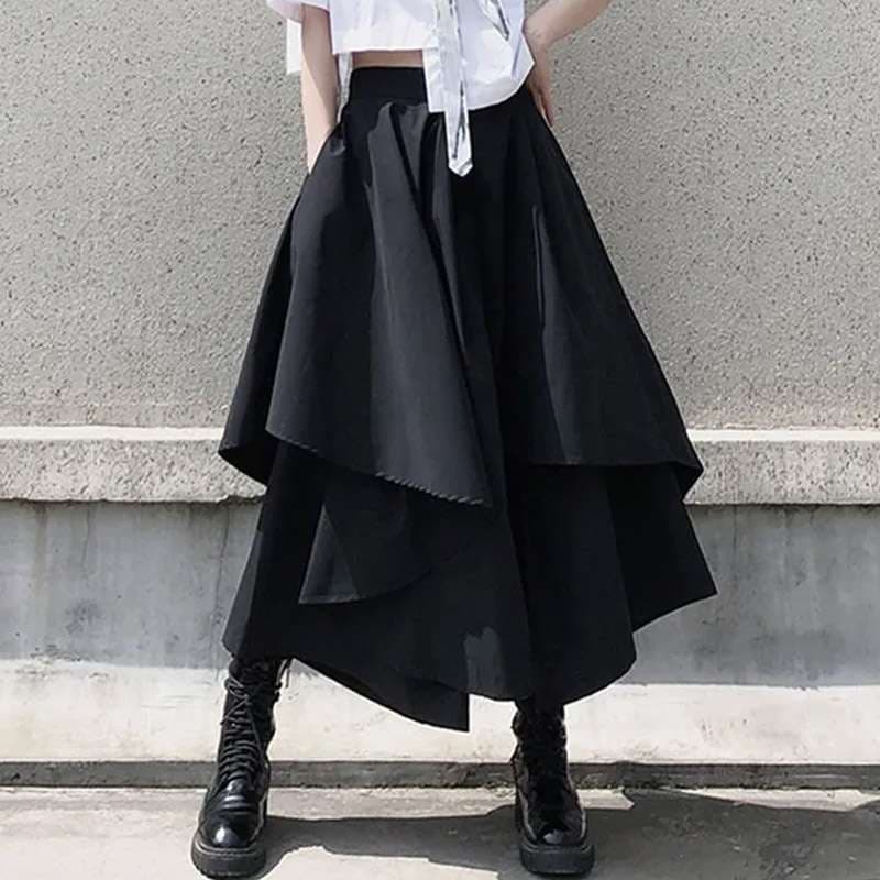 モード系ファッション アシンメトリーレイヤードロングスカート