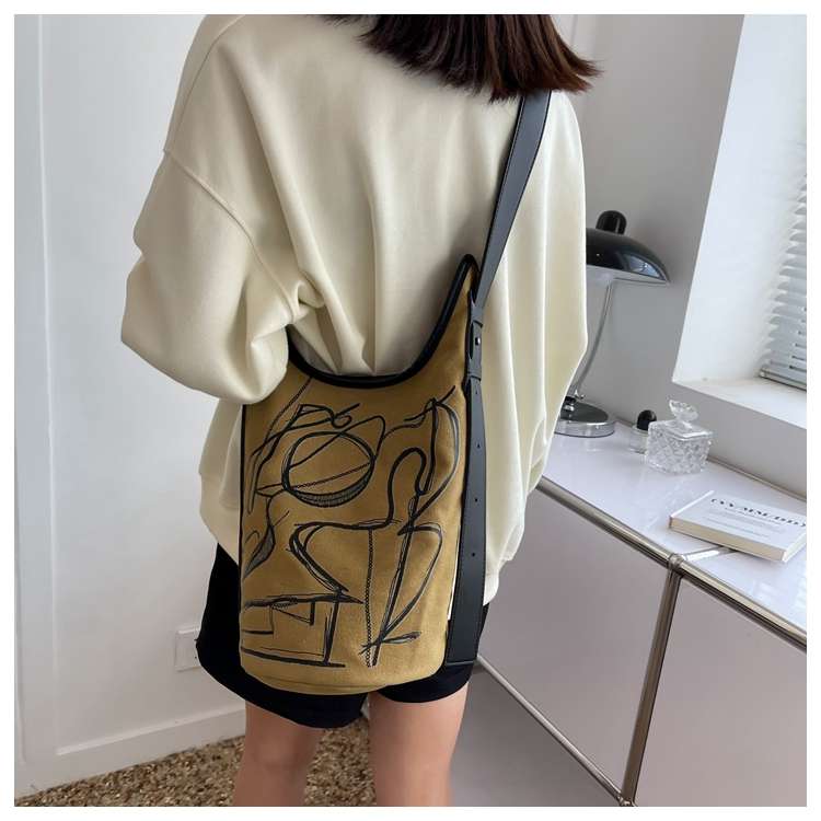 モード系ファッション アートライン刺繍キャンバストートバッグ
