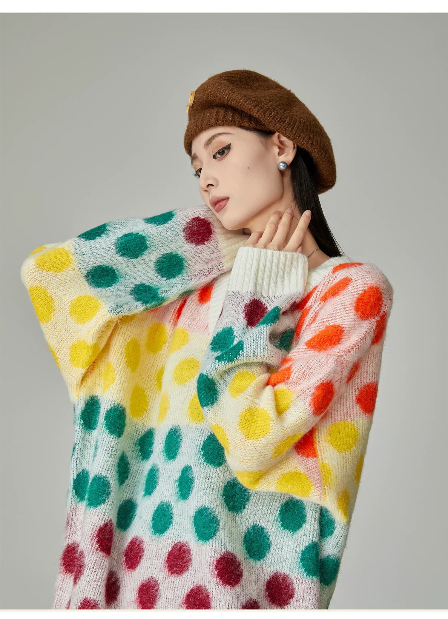 モード系ファッションカラフルポルカドットセーター - 鮮やかな彩りで気分もアップ!」