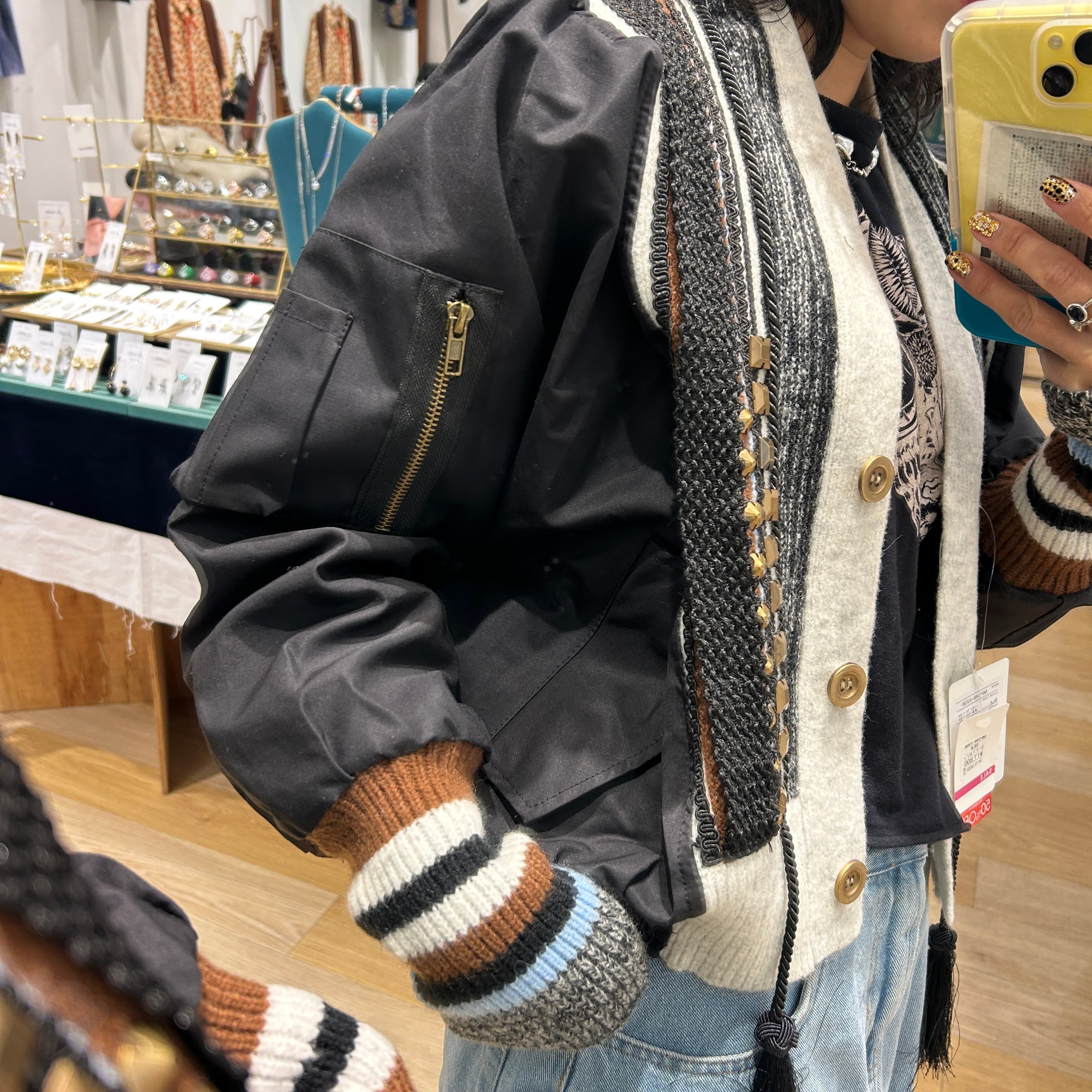 モード系ファッションニットディテール付き異素材コンビジャケット