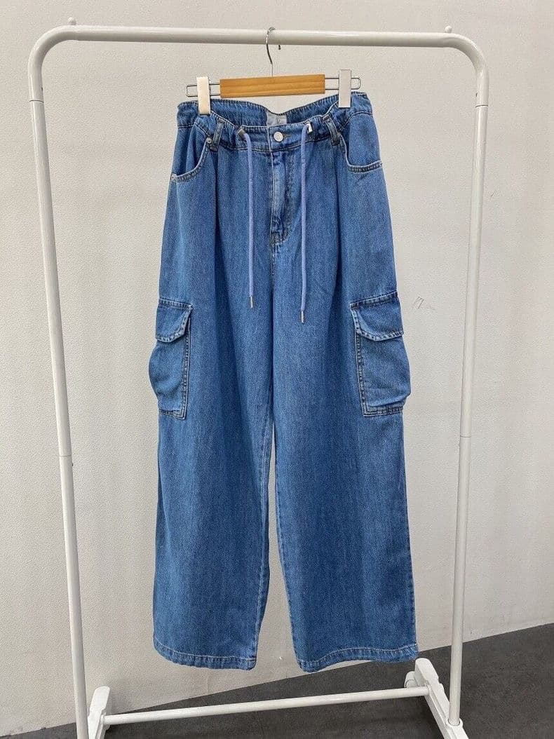 モード系ファッションドローストリングワイドデニムカーゴパンツ