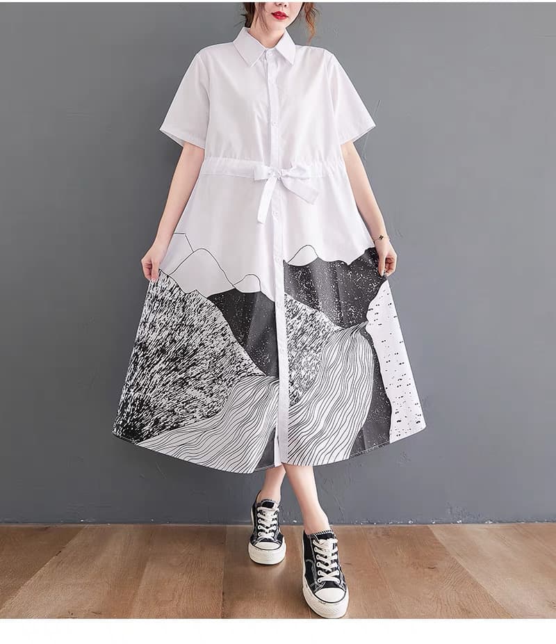 モード系 アートプリントシャツワンピース|体型カバー 高見え ゆったりシルエット Aライン 夏ワンピ レディース