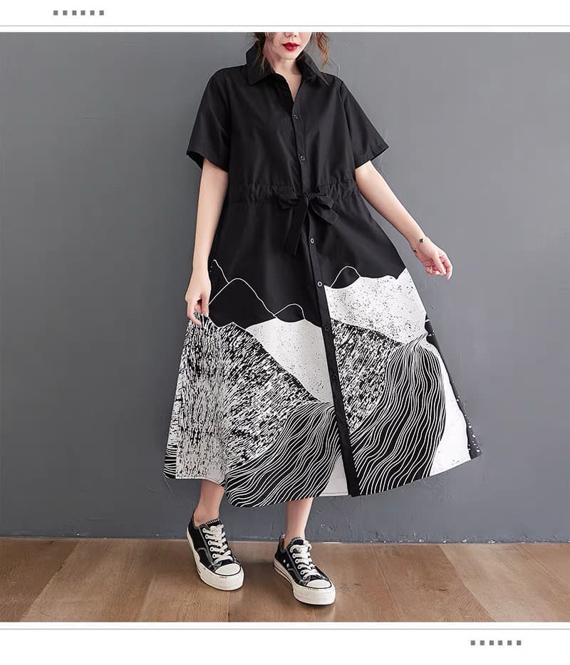 モード系 アートプリントシャツワンピース|体型カバー 高見え ゆったりシルエット Aライン 夏ワンピ レディース