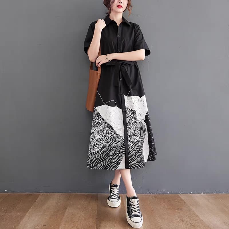 モード系 アートプリントシャツワンピース|体型カバー 高見え ゆったりシルエット Aライン 夏ワンピ レディース