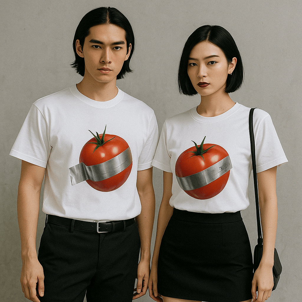 モード系 ユニセックス|アートトマトプリントTシャツ|ダクトテープ風グラフィック×綿100%|ブラック/ホワイト展開