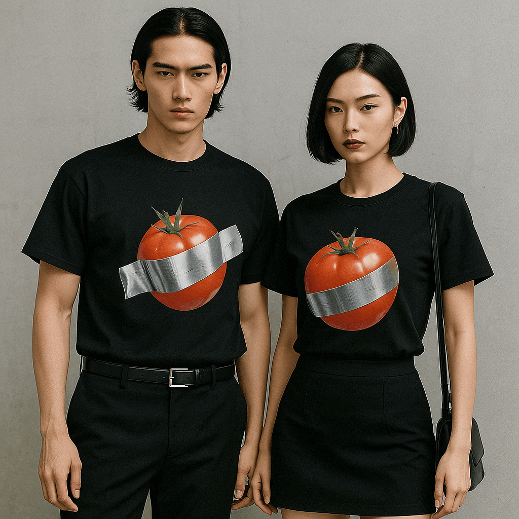 モード系 ユニセックス|アートトマトプリントTシャツ|ダクトテープ風グラフィック×綿100%|ブラック/ホワイト展開