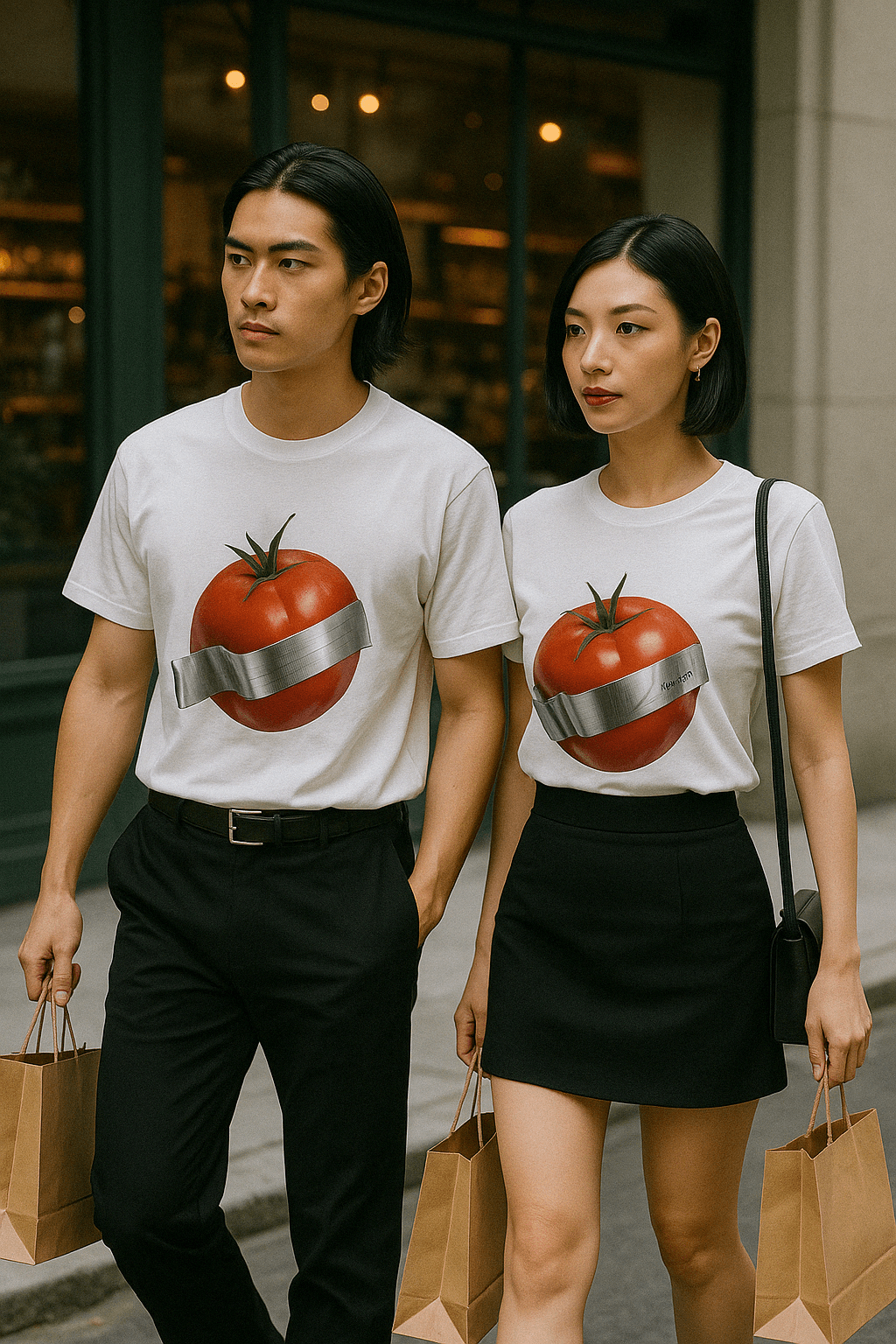 モード系 ユニセックス|アートトマトプリントTシャツ|ダクトテープ風グラフィック×綿100%|ブラック/ホワイト展開