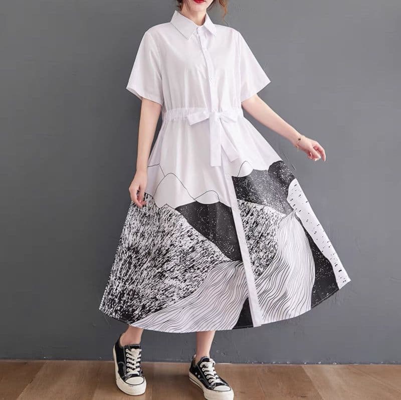 モード系 アートプリントシャツワンピース|体型カバー 高見え ゆったりシルエット Aライン 夏ワンピ レディース