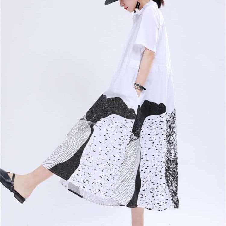 モード系 アートプリントシャツワンピース|体型カバー 高見え ゆったりシルエット Aライン 夏ワンピ レディース