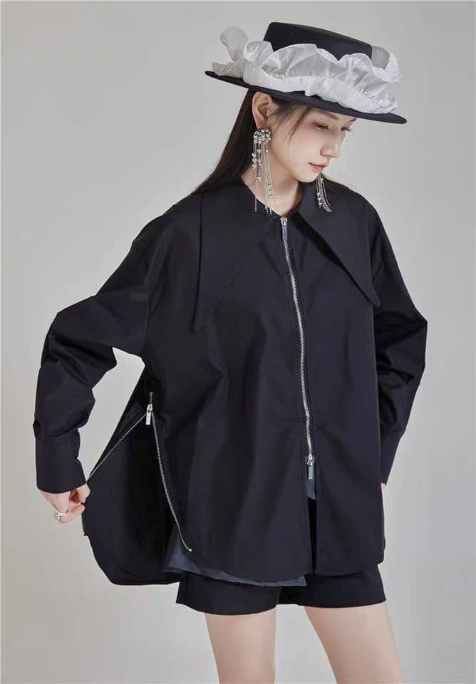 【黒】プチプラモード系ファッション 襟付きZIPデザインブラウス