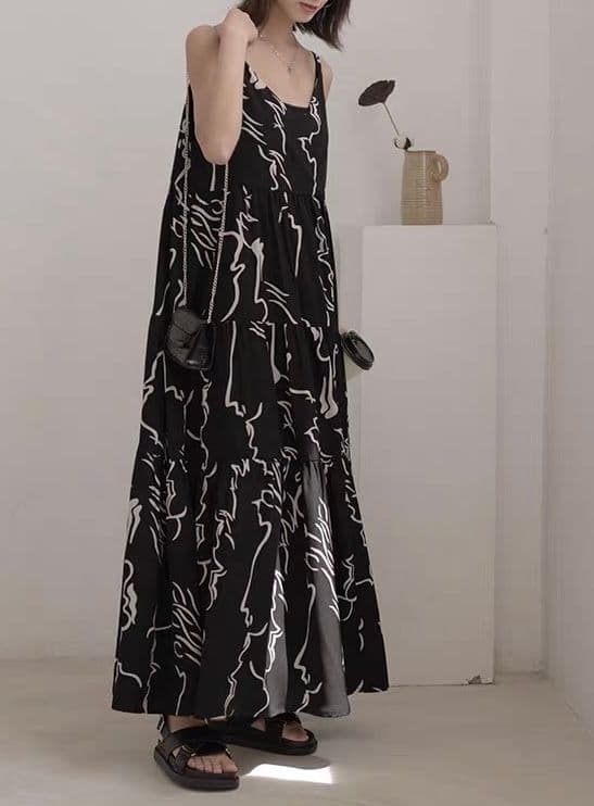 モード系ファッション 【高身長も映える125cm丈】アートプリントキャミワンピース|肩紐調整OKで華奢さんも安心