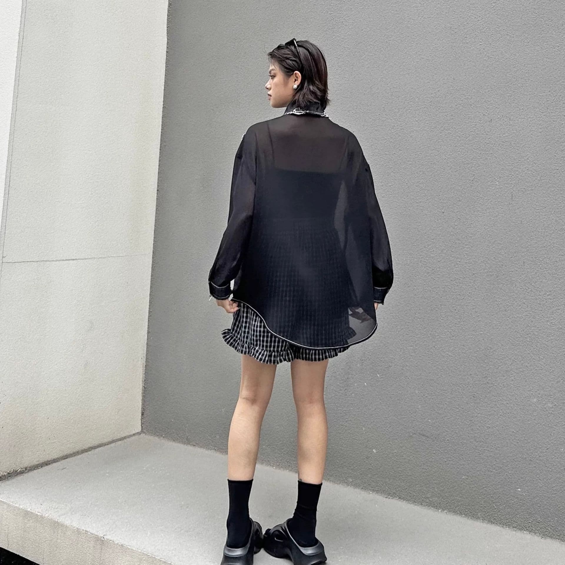 モード系ファッションデニム切替×透け感シアーシャツ(フリンジポケット付き)