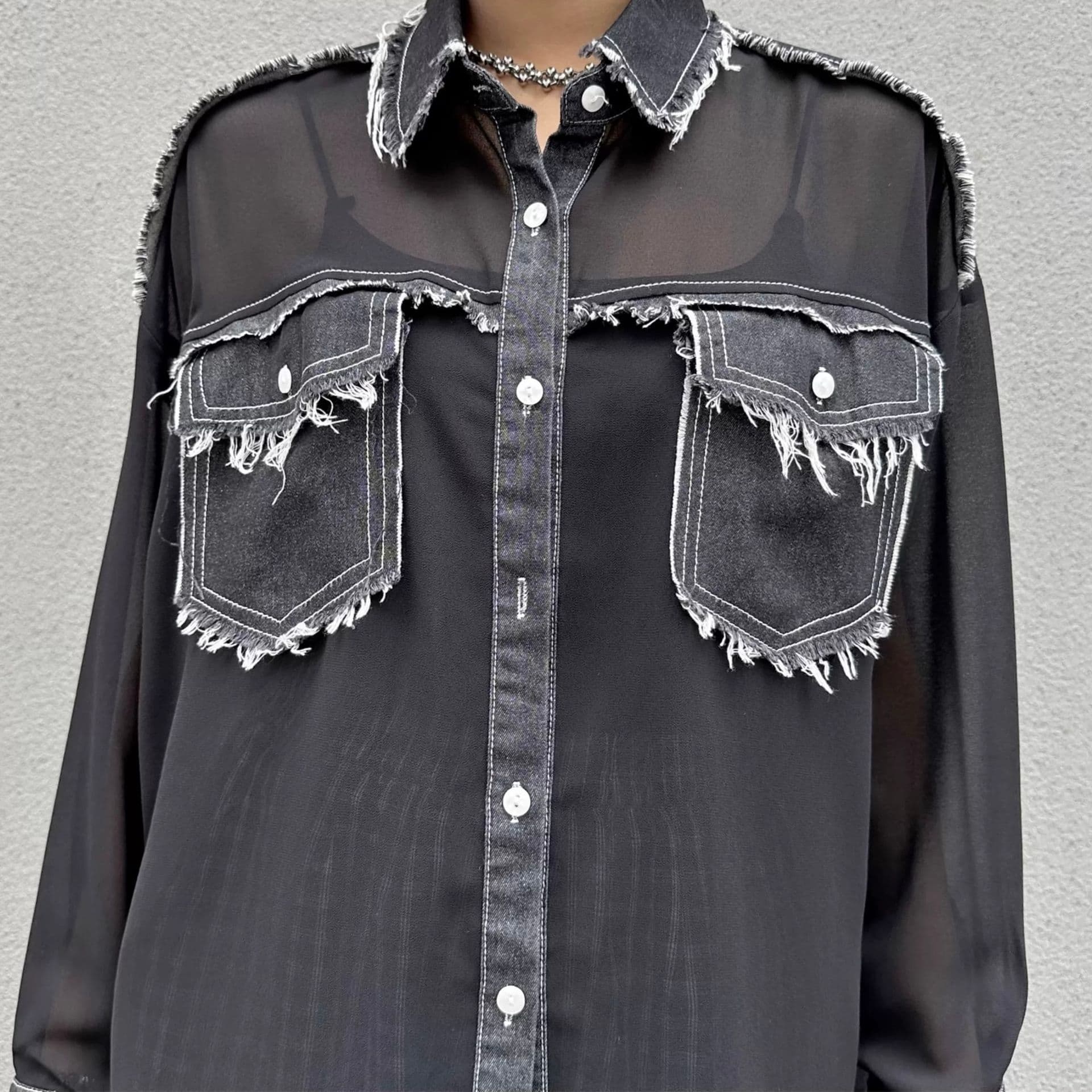 モード系ファッションデニム切替×透け感シアーシャツ(フリンジポケット付き)