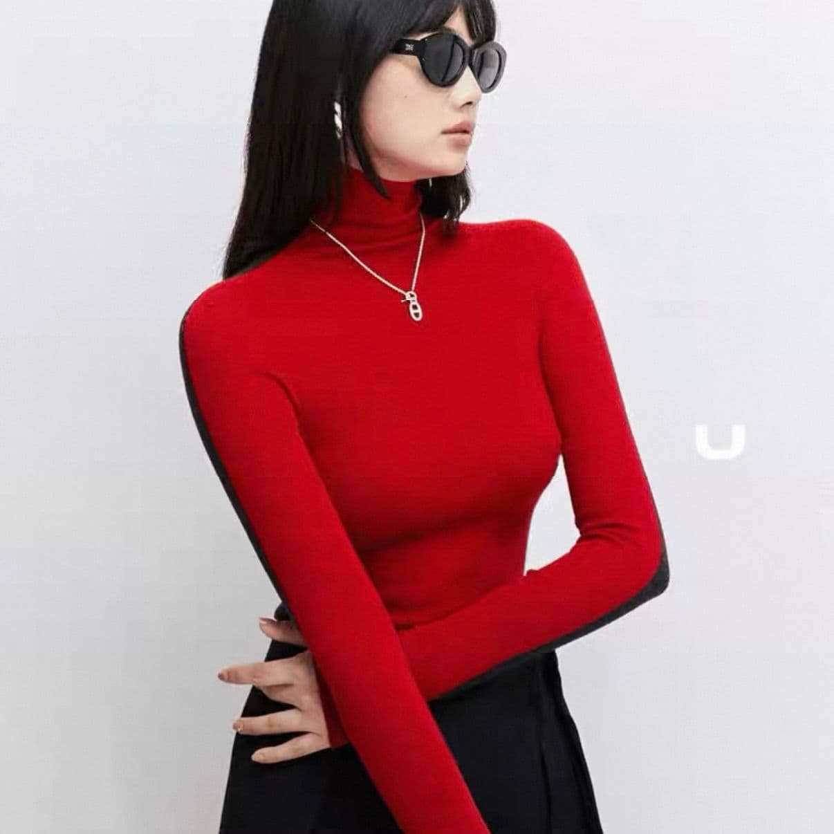 モード系ファッション 【XS〜L対応】前後2WAY対応・配色ラインハイネックニットトップス〈切替デザイン/4色展開〉
