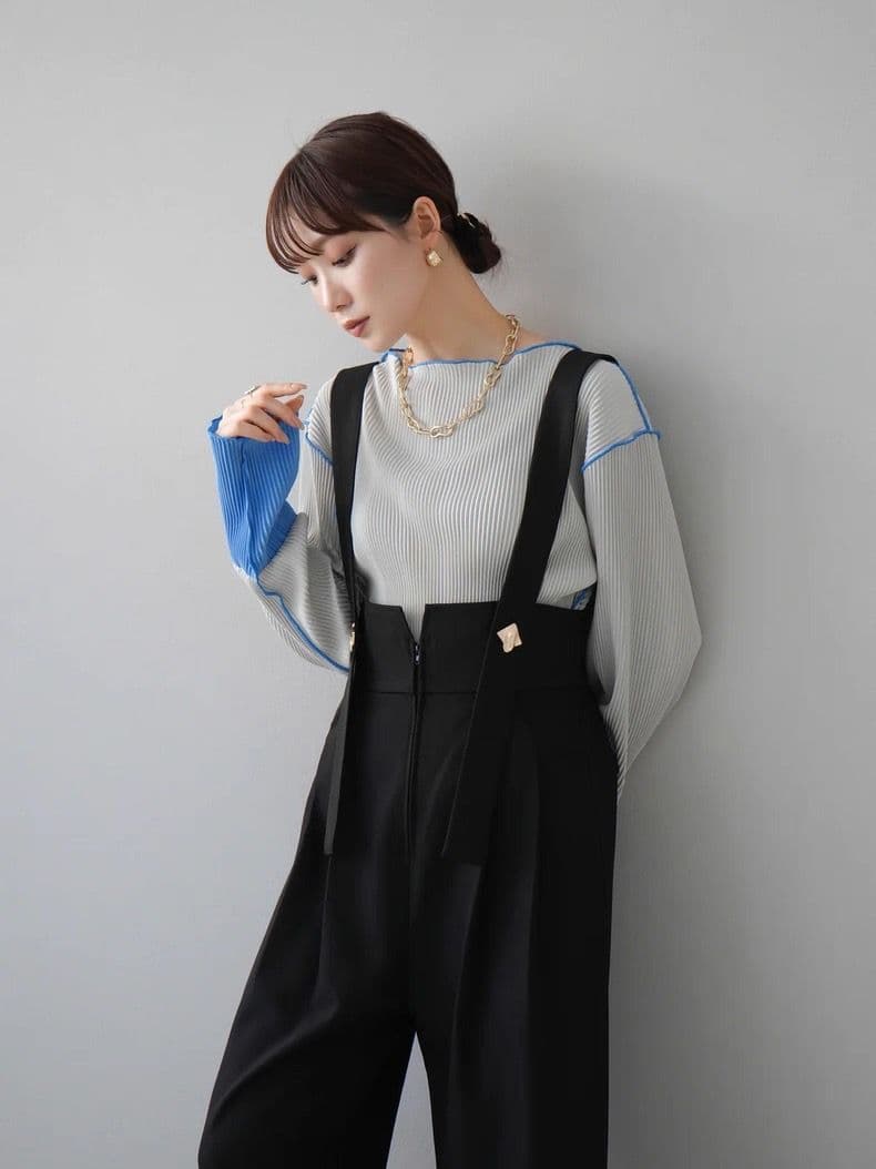 モード系ファッション【美脚ワイド × モード】ウエストマークサスペンダーワイドパンツ(ブラック)