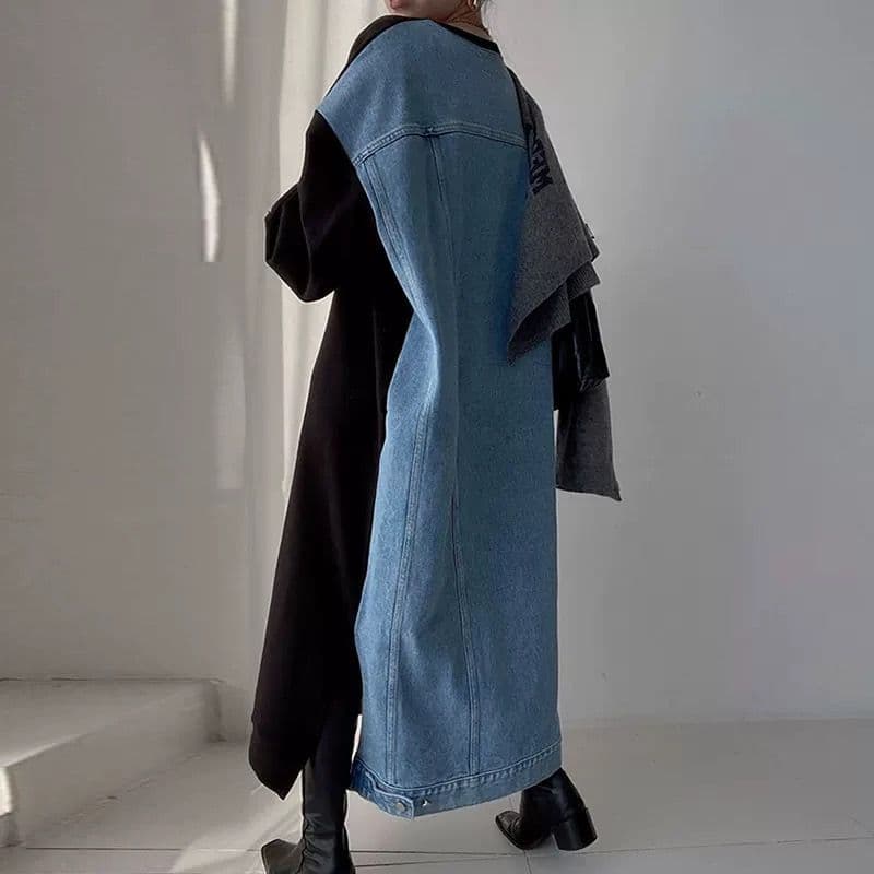 【ゆったりワンサイズ】デニム切替ロングスウェットワンピース