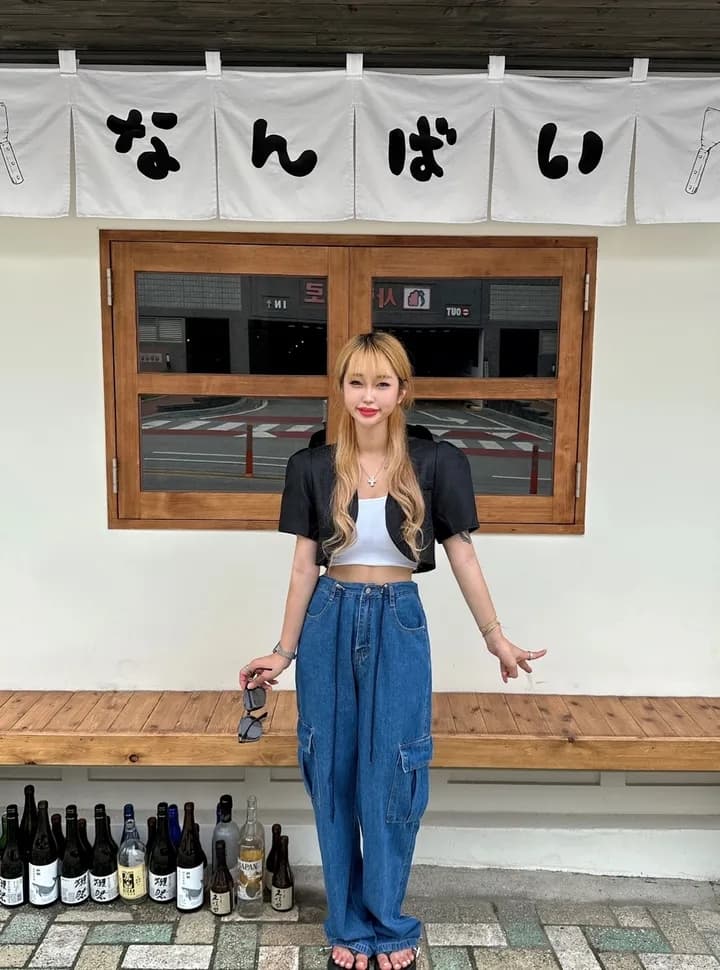 モード系ファッションドローストリングワイドデニムカーゴパンツ