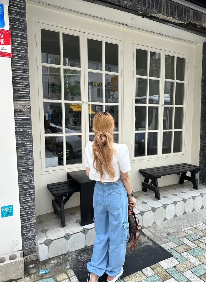モード系ファッションドローストリングワイドデニムカーゴパンツ