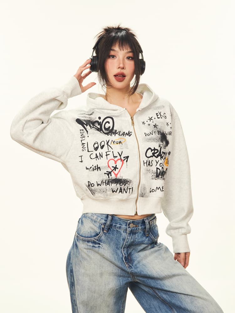 モード系 モードグラフィティ クロップドパーカー|レディース ストリート アートデザイン フーディ