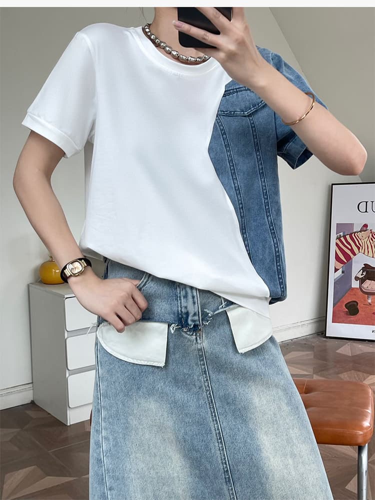 モード系 異素材ドッキング半袖Tシャツ|デニム切替×無地コットン|レディースカジュアルトップス