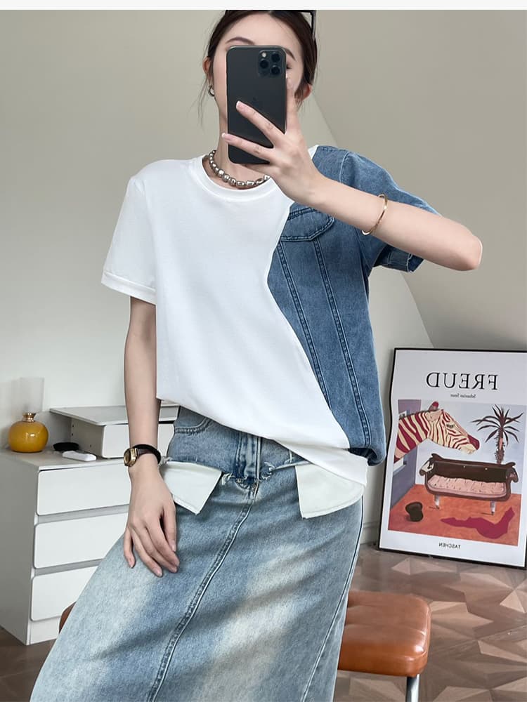 モード系 異素材ドッキング半袖Tシャツ|デニム切替×無地コットン|レディースカジュアルトップス