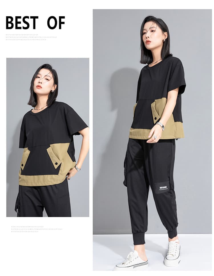 モード系 ワークポケットデザインで魅せるモードTシャツ|スポーティ&シティライクなセットアップ風トップス