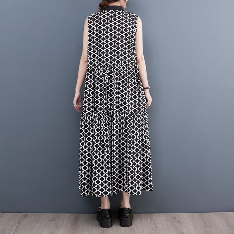 モード系 モモードな幾何学柄ロングワンピース/涼しげノースリーブ/体型カバー×軽やか夏コーデ