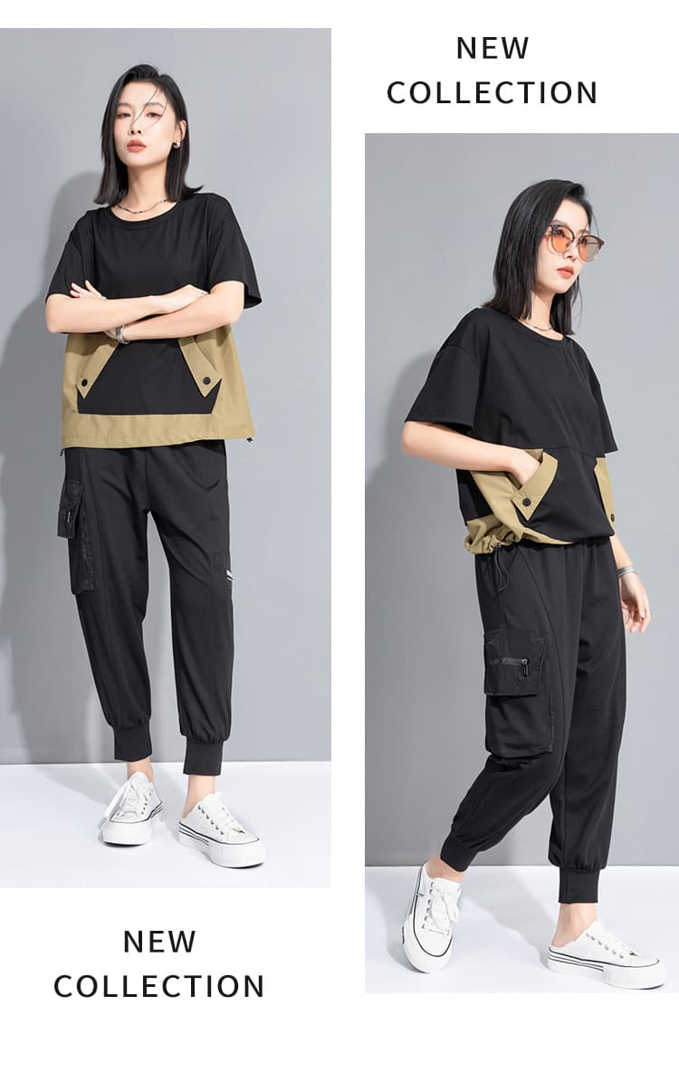 モード系 ワークポケットデザインで魅せるモードTシャツ|スポーティ&シティライクなセットアップ風トップス