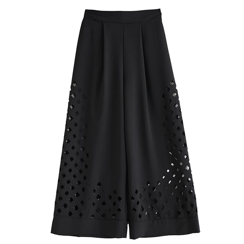 モード系 涼しげ透けパンチングワイドパンツ|体型カバー&通気性抜群のモード黒/グレー