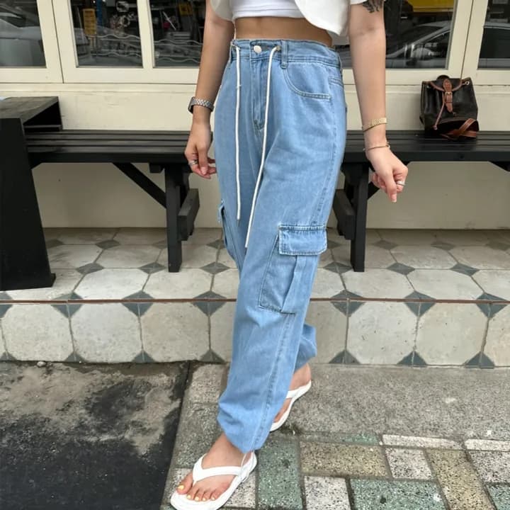 モード系ファッションドローストリングワイドデニムカーゴパンツ