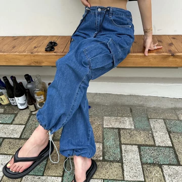 モード系ファッションドローストリングワイドデニムカーゴパンツ