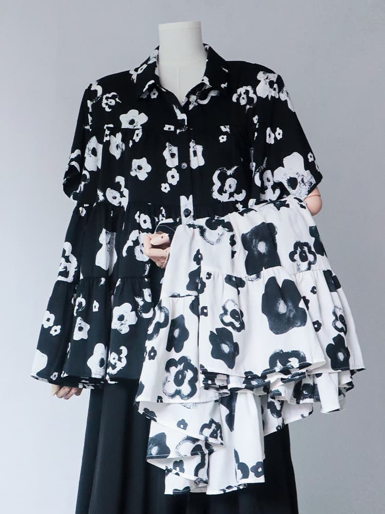 モード系 【体型カバーも叶う】ティアードフリル花柄シャツ|ゆったりシルエット×モードデザイン(ブラック)