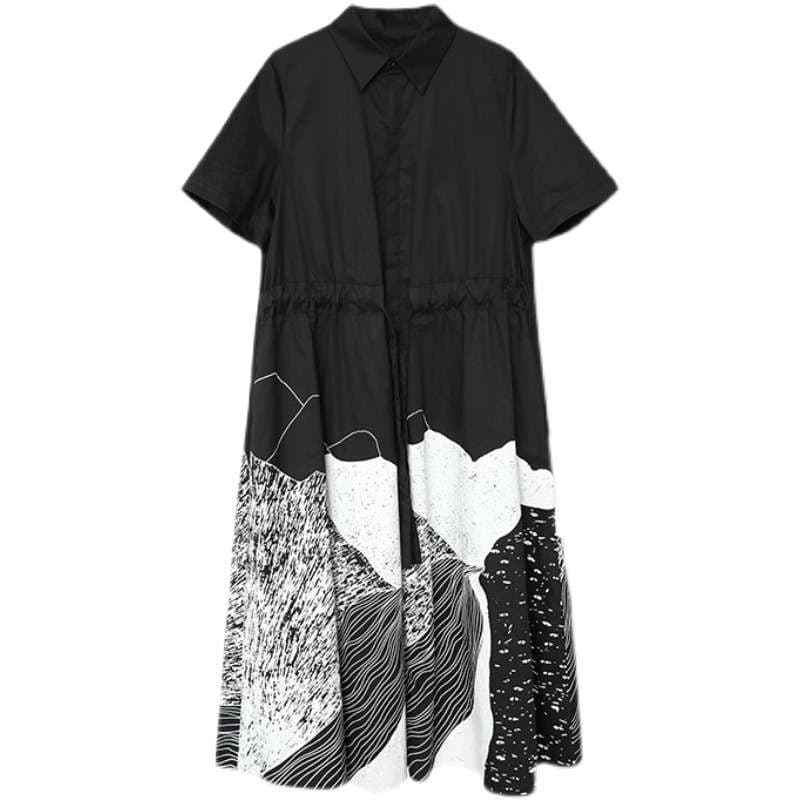 モード系 アートプリントシャツワンピース|体型カバー 高見え ゆったりシルエット Aライン 夏ワンピ レディース