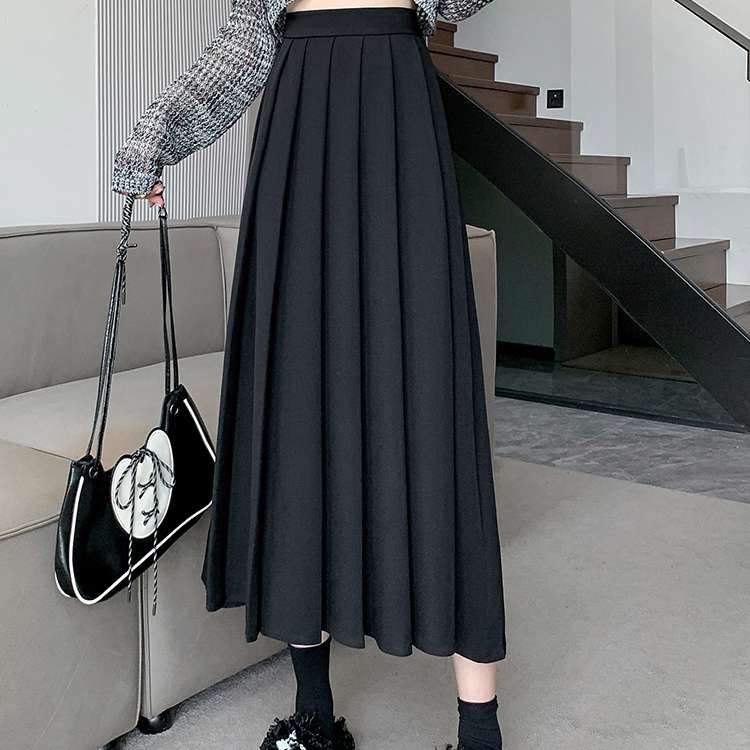 モード系ファッション ハイウエストプリーツロングスカート|体型カバー|スタイルアップ効果