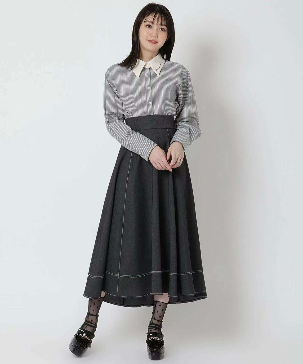 モード系ファッション フレアロングデニムスカート
