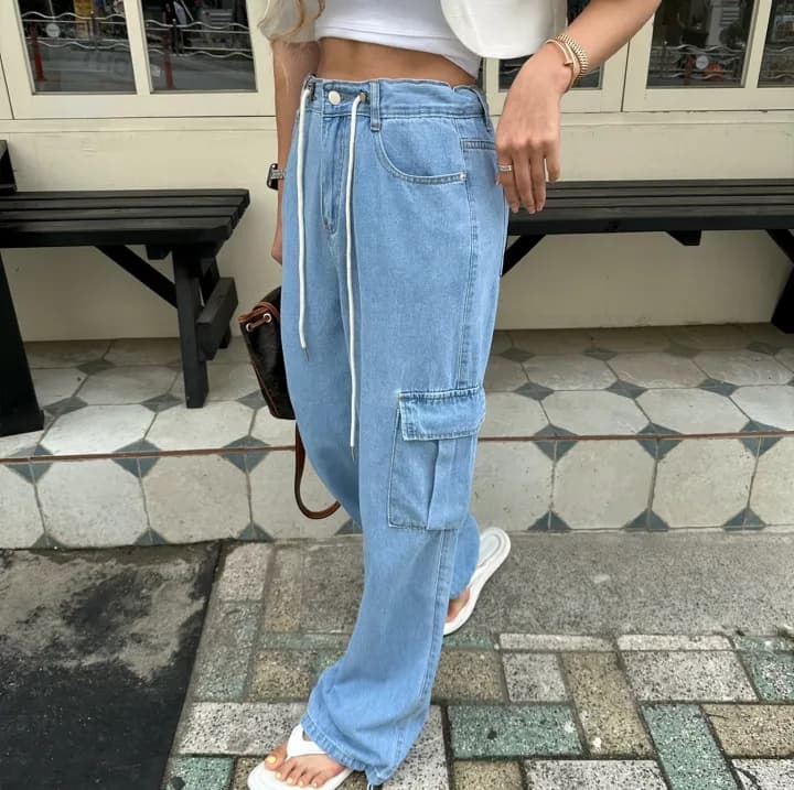 モード系ファッションドローストリングワイドデニムカーゴパンツ