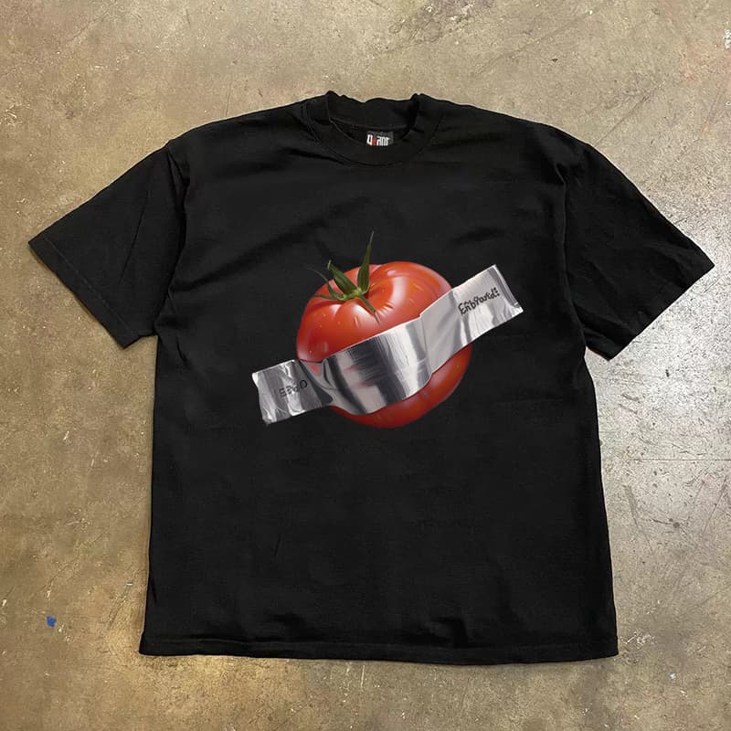 モード系 ユニセックス|アートトマトプリントTシャツ|ダクトテープ風グラフィック×綿100%|ブラック/ホワイト展開