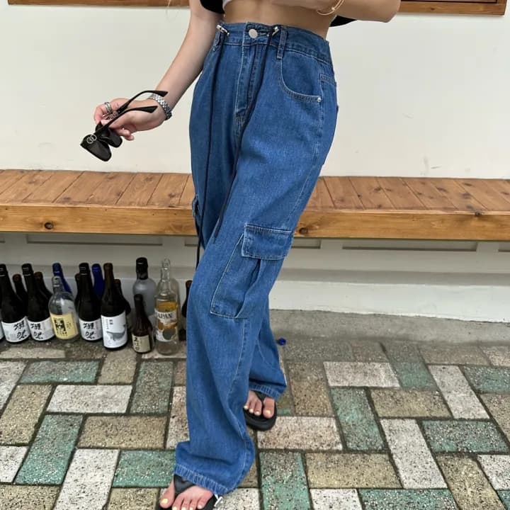 モード系ファッションドローストリングワイドデニムカーゴパンツ