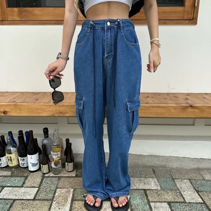 モード系ファッションドローストリングワイドデニムカーゴパンツ