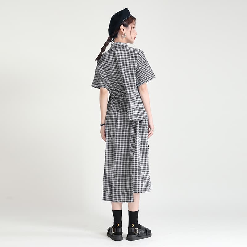 モード系 【セットアップ】モード系ギンガムチェック×無地アシメデザインセットアップ|レディースファッション