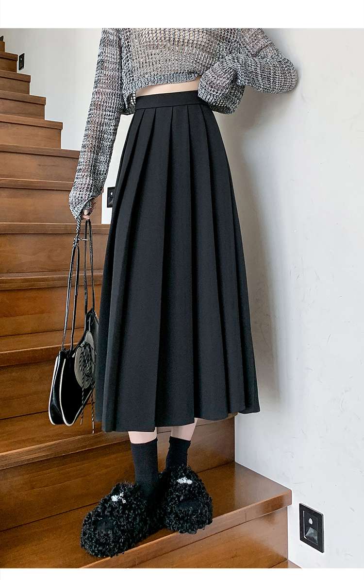 モード系ファッション ハイウエストプリーツロングスカート|体型カバー|スタイルアップ効果