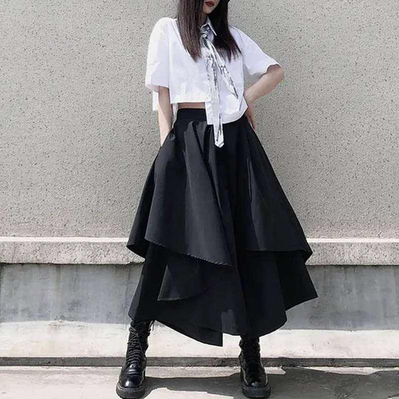 モード系ファッション アシンメトリーレイヤードロングスカート