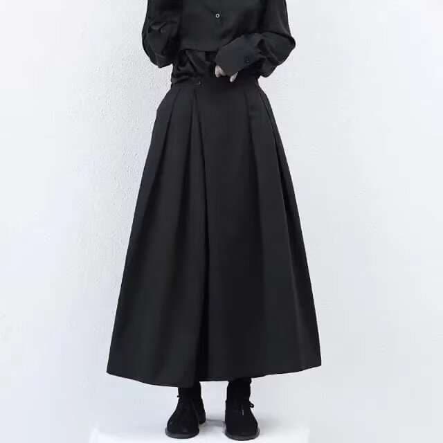 モード系ファッション プリーツワイドパンツ風マキシスカート