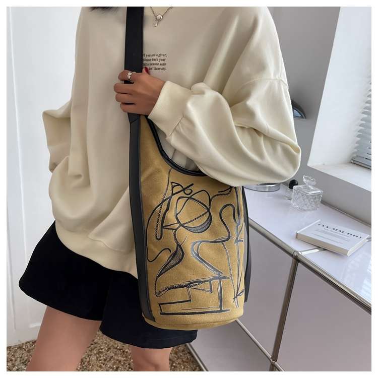 モード系ファッション アートライン刺繍キャンバストートバッグ
